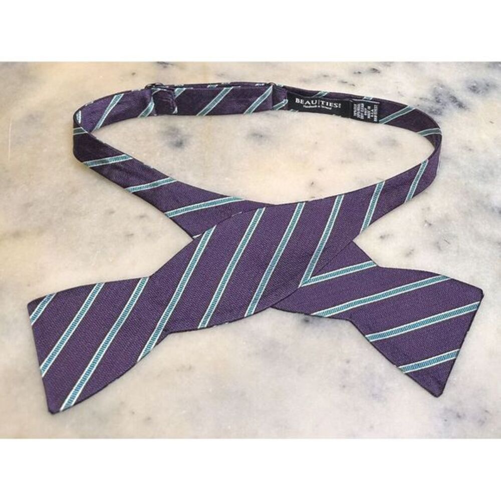 Beau Ties Ltd Silk Wool Blend Purple Striped Woven Self Tie Bow Tie Made In USA